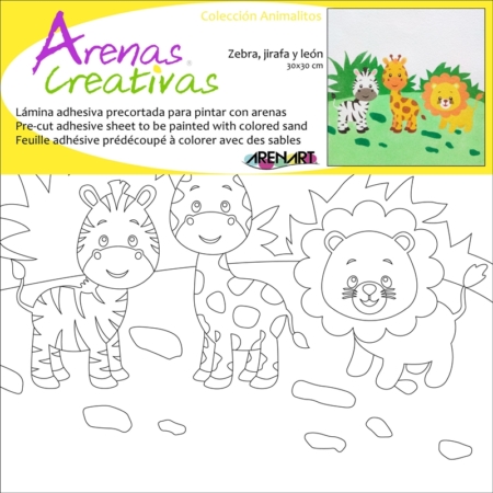 LÁMINA PARA PINTAR CON ARENA ZEBRA, JIRAFA Y LEÓN 30 X 30 CM