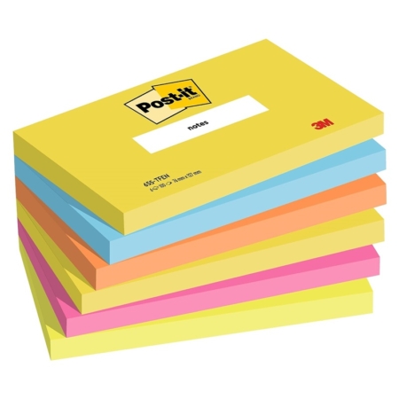 Pack 6 tacos de notas adhesivas Post-it 655 neón 76 x 127 mm