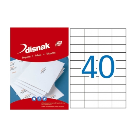 CAJA DE 100 HOJAS DE ETIQUETAS ADHESIVAS BLANCAS PERMANENTES DISNAK 52,5 X 29,7 MM 11069