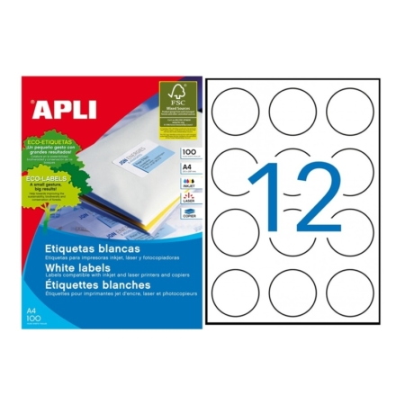 CAJA DE 100 HOJAS DE ETIQUETAS ADHESIVAS BLANCAS CIRCULARES APLI ø 60 MM 1244