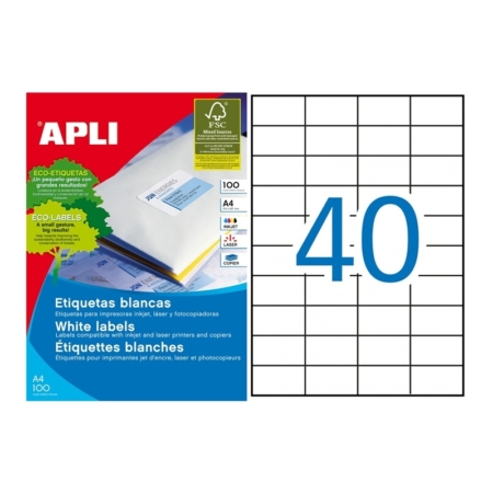 CAJA DE 100 HOJAS DE ETIQUETAS ADHESIVAS BLANCAS PERMANENTES APLI 52,5 X 29,7 MM 1286