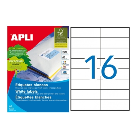 CAJA DE 100 HOJAS DE ETIQUETAS ADHESIVAS BLANCAS PERMANENTES APLI 105 X 37 MM 1274