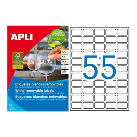 CAJA DE 100 HOJAS DE ETIQUETAS ADHESIVAS BLANCAS REMOVIBLES APLI 36,8 X 23,8 MM 3051