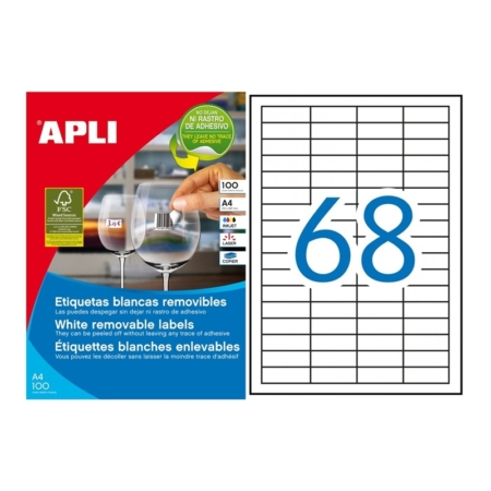 CAJA DE 100 HOJAS DE ETIQUETAS ADHESIVAS BLANCAS REMOVIBLES APLI 48,5 X 16,9 MM 3053