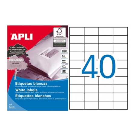 CAJA DE 500 HOJAS DE ETIQUETAS ADHESIVAS BLANCAS PERMANENTES APLI 52,5 X 29,7 MM 1778