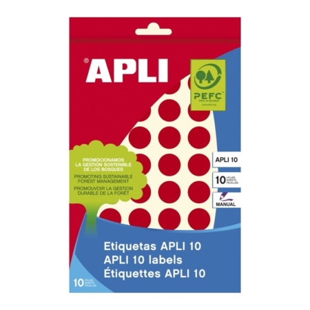 SOBRE DE 8 HOJAS DE ETIQUETAS ADHESIVAS ROJAS PERMANENTES APLI ø 16 MM 2740