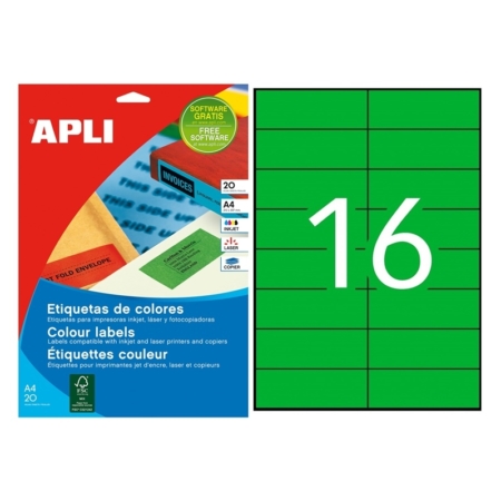 BOLSA DE 20 HOJAS DE ETIQUETAS ADHESIVAS VERDES PERMANENTES APLI 105 X 37 MM 1598