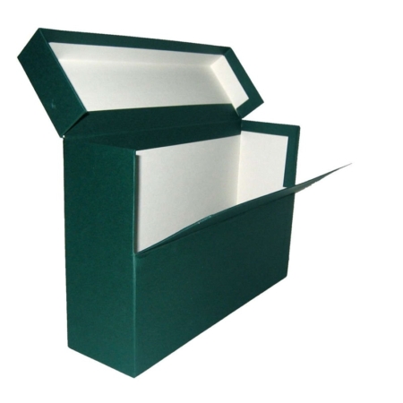 Caja de transferencia de cartón forrado en Geltex verde Fº con lomo de 110 mm Mariola