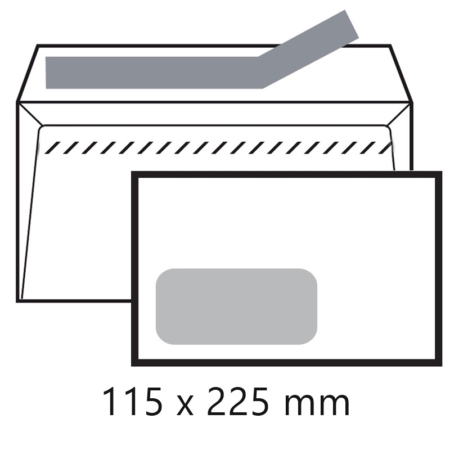 Caja de 500 sobres blancos autoadhesivos con tira de silicona y ventana izquierda americano 115 x 225 mm Sam