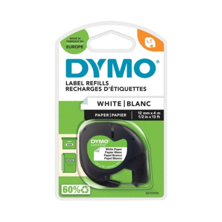 Cinta Dymo LetraTag de papel negro sobre blanco 12 mm x 4 m