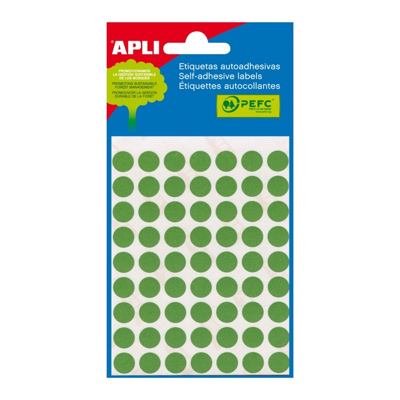 Sobre de 3 hojas de etiquetas adhesivas verdes permanentes Apli ø 8 mm. 2047
