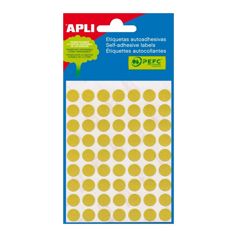 Sobre de 3 hojas de etiquetas adhesivas amarillas permanentes Apli ø 8 mm. 2044