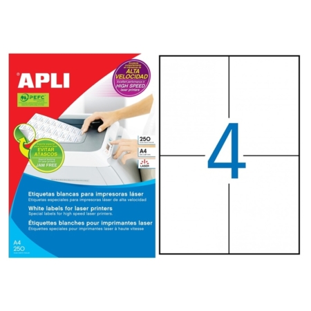 CAJA DE 250 HOJAS DE ETIQUETAS ADHESIVAS BLANCAS PARA LÁSER APLI 105 X 148 MM 2528