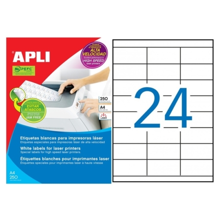 CAJA DE 250 HOJAS DE ETIQUETAS ADHESIVAS BLANCAS PARA LÁSER APLI 70 X 35 MM 2519