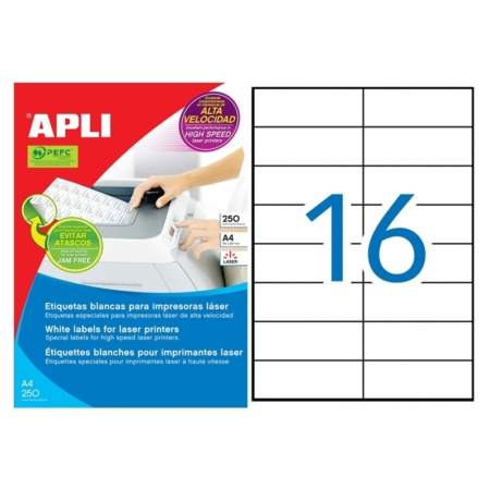 CAJA DE 250 HOJAS DE ETIQUETAS ADHESIVAS BLANCAS PARA LÁSER APLI 105 X 37 MM 2525