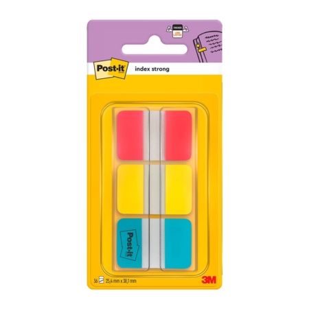 Blíster de 1 dispensador de 66 marcadores rígidos Post-It Index rojo, amarillo y azul