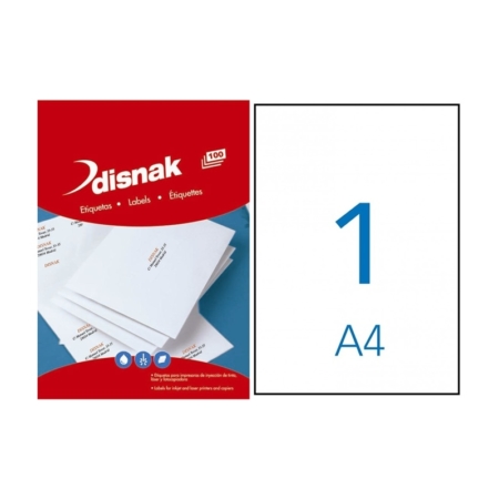 CAJA DE 100 HOJAS DE ETIQUETAS ADHESIVAS BLANCAS PERMANENTES DISNAK 210 X 297 MM 11088