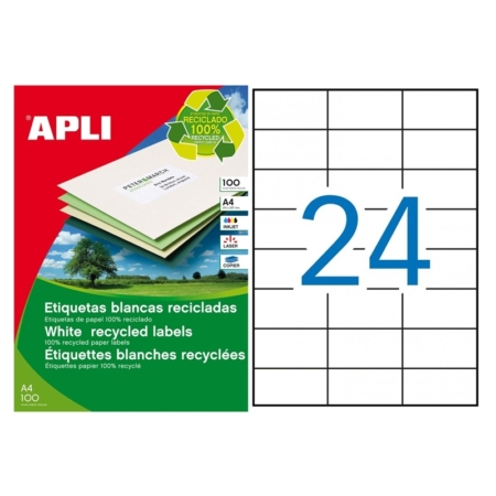 CAJA DE 100 HOJAS DE ETIQUETAS ADHESIVAS BLANCAS RECICLADAS APLI 70 X 37 MM 12061