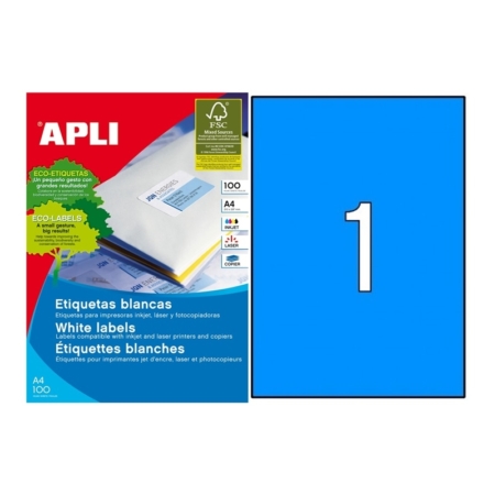 CAJA DE 100 HOJAS DE ETIQUETAS ADHESIVAS AZULES PERMANENTES APLI 210 X 297 MM 11839