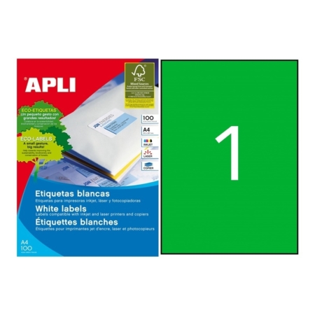 CAJA DE 100 HOJAS DE ETIQUETAS ADHESIVAS VERDES PERMANENTES APLI 210 X 297 MM 11841