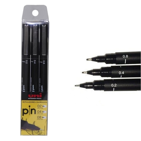 Estuche de 3 rotuladores calibrados Uni Pin 02, 04 y 08