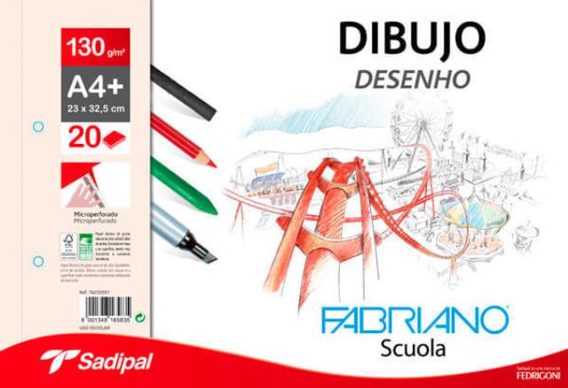 Block de 20 hojas microperforadas de dibujo sin recuadro A4 con espiral y 2 agujeros de 130 grs/m² Fabriano