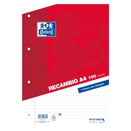 Recambio Oxford A4 1 línea horizontal con 4 taladros 100 hojas