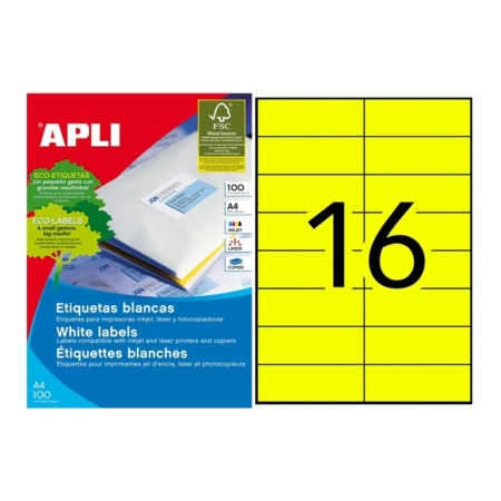 CAJA DE 100 HOJAS DE ETIQUETAS ADHESIVAS AMARILLAS PERMANENTES APLI 105 X 37 MM 12976