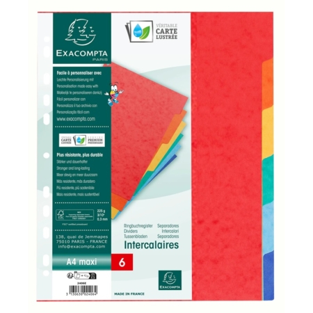 Juego de separadores de cartulina lustrada A4+ con 6 posiciones Exacompta