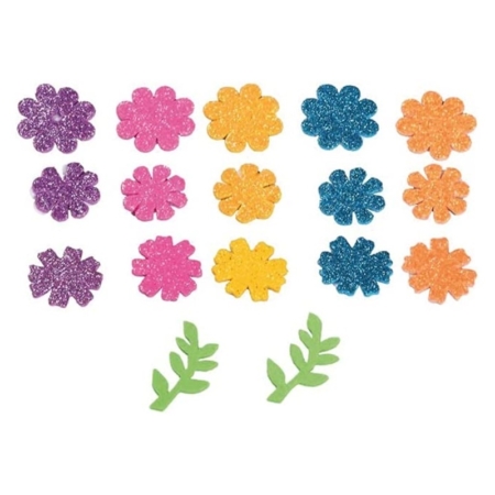 Pack de 58 flores adhesivas de goma eva con purpurina