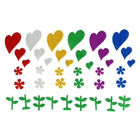 Pack de 64 flores y corazones adhesivas de goma eva con purpurina