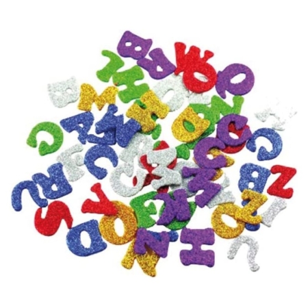 Pack de 78 letras adhesivas de goma eva con purpurina