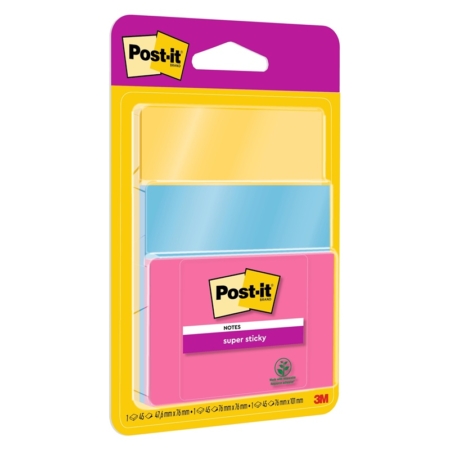 Blíster de 3 tacos de notas adhesivas de colores Post-It Super Sticky surtidos