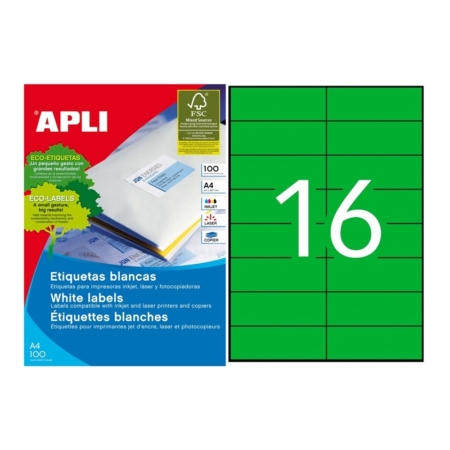 CAJA DE 100 HOJAS DE ETIQUETAS ADHESIVAS VERDES PERMANENTES APLI 105 X 37 MM 12979