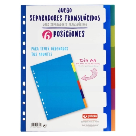 Juego de separadores de PP traslúcido A4 con 6 posiciones Grafoplas