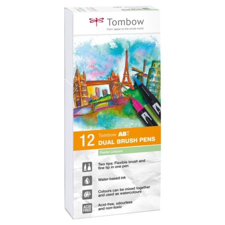 ESTUCHE DE 12 ROTULADORES TOMBOW DUAL BRUSH DOBLE PUNTA PINCEL COLORES PASTEL