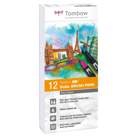 ESTUCHE DE 12 ROTULADORES TOMBOW DUAL BRUSH DOBLE PUNTA PINCEL COLORES GRISES