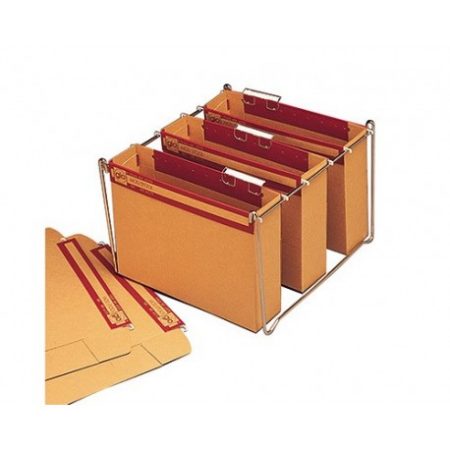 Caja de 10 carpetas colgantes kraft A4 Gio Stock con varilla metálica, visor superior y lomo de 75 mm Elba