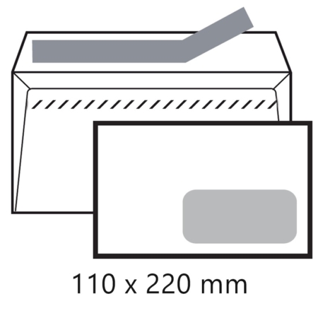 Caja de 500 sobres blancos autoadhesivos con tira de silicona y ventana derecha DL - 110 x 220 mm Sam