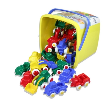 Cubo con 30 mini vehículos 7 cm