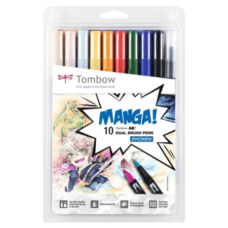 ESTUCHE DE 10 ROTULADORES TOMBOW DUAL BRUSH DOBLE PUNTA PINCEL MANGA SHONEN