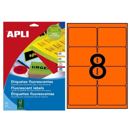 CAJA DE 100 HOJAS DE ETIQUETAS ADHESIVAS NARANJA FLUOR PERMANENTES APLI 99,1 X 67,7 MM 12986