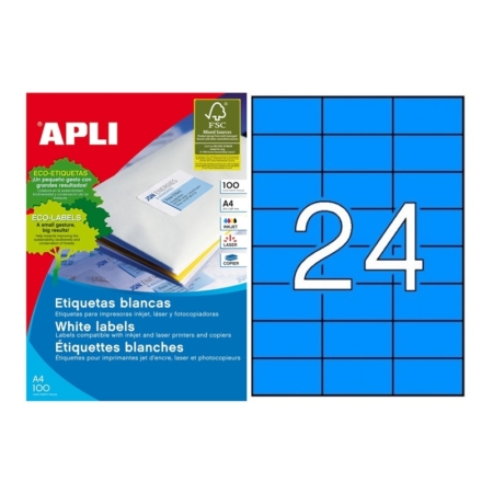 CAJA DE 100 HOJAS DE ETIQUETAS ADHESIVAS AZULES PERMANENTES APLI 70 X 37 MM 11835