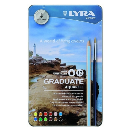 Estuche metálico de 12 lápices de colores acuarelables con pincel Lyra Graduate Aquarell