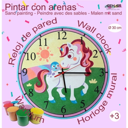 KIT RELOJ PARA PINTAR CON ARENA 30 CM UNICORNIO