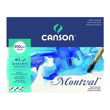 BLOC DE ACUARELA CANSON MONTVAL GRANO FINO 32 X 41 CM 40 HOJAS 200 GRS.