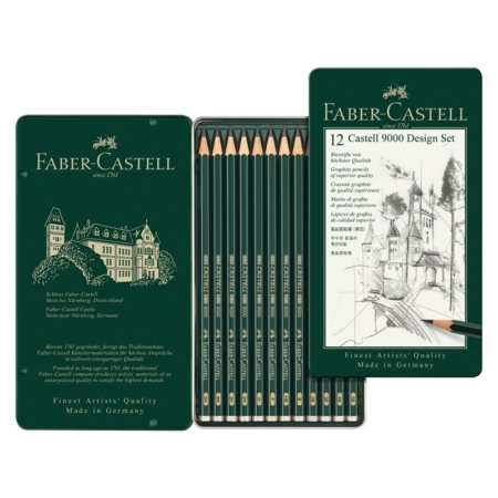 Estuche metálico con 12 lápices de grafito Castell 9000 5B a 5H