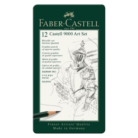 Estuche metálico con 12 lápices de grafito Castell 9000 8B a 2H