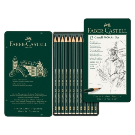 Estuche metálico con 12 lápices de grafito Castell 9000 8B a 2H