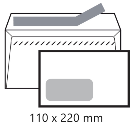 Caja de 500 sobres blancos autoadhesivos con tira de silicona y ventana izquierda DL - 110 x 220 mm Sam